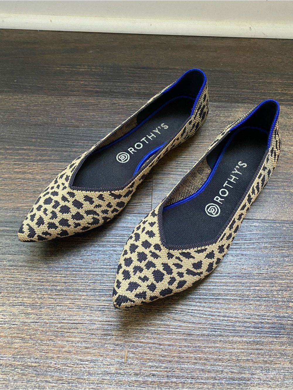 Rothy's Leopard Pointed-Toe Flats in Tan and Black with Blue Trim